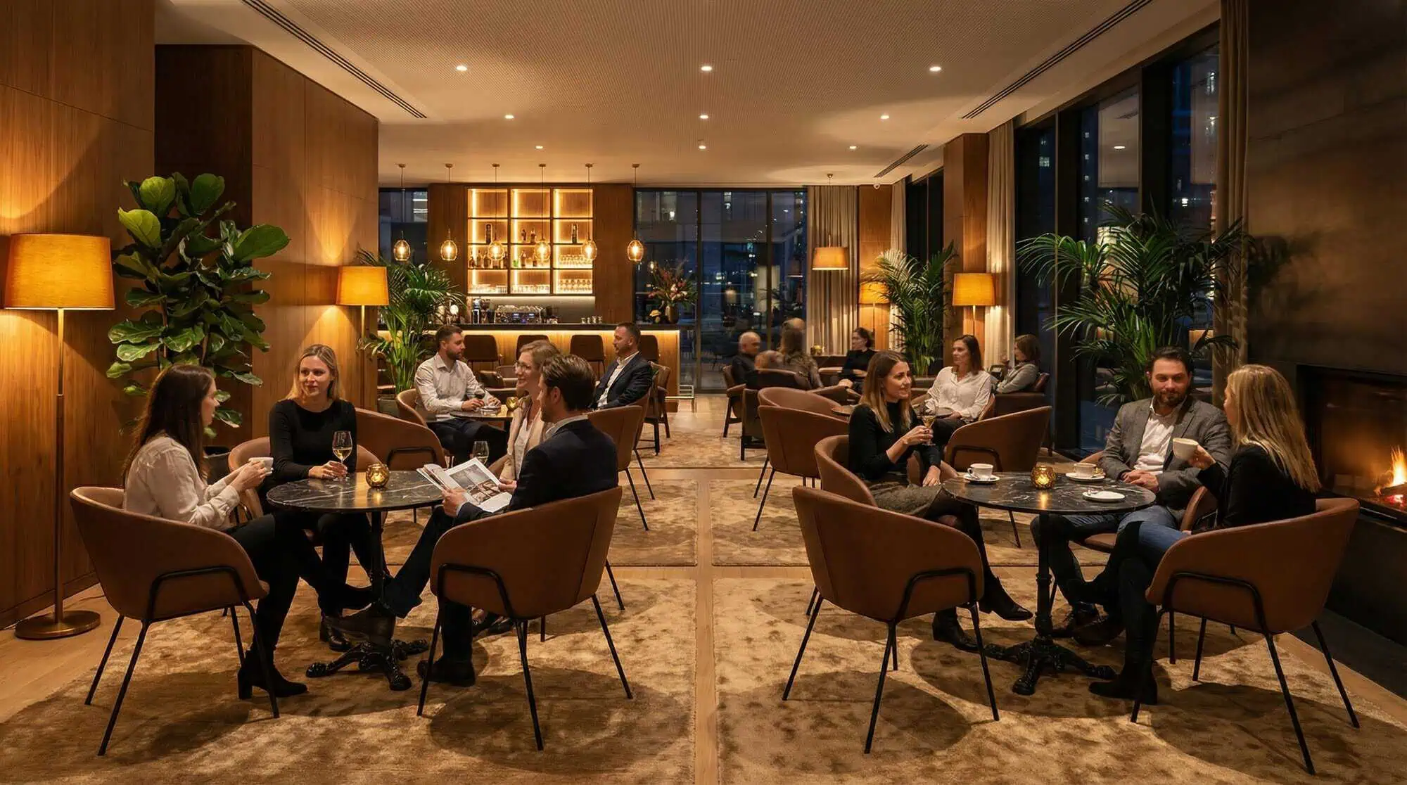 Super-Seat | Moderne Lounge in Portland | Velours mokka stoelen, houten tafels, barkrukken en warme verlichting bij de bar en grote ramen. | Horecameubilair