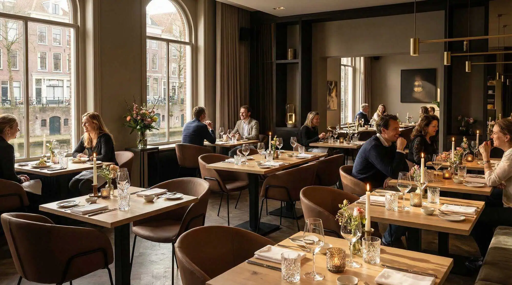 Super-Seat | Moderne restaurantinrichting Stoelen in mokka velours, houten tafels, grote ramen, sfeervol verlicht, bloemstukken op tafel. | Horecameubilair