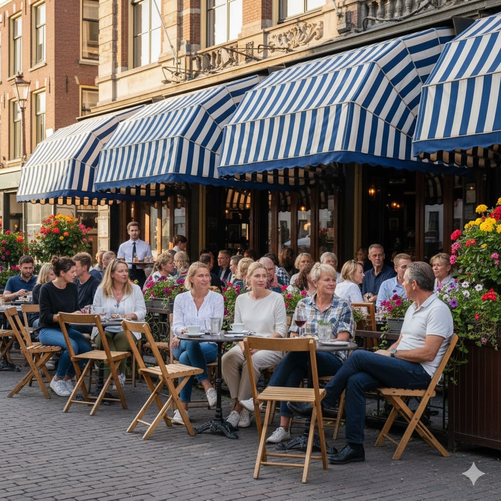 Super-Seat | Buiten staan lichtbruine houten klapstoelen en tafels bij een café met blauwe zonneschermen. | Horecameubilair
