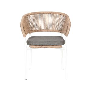 Super-Seat | De Ibiza wit (terras) stapelstoel | Witte metalen frame, gevlochten rotan vloerkleed/ zitting, grijs kussen, modern en fris. | Horecameubilair