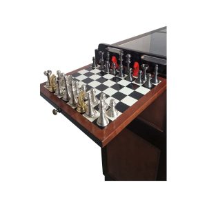 Super-Seat | Houten barkast met geïntegreerd schaakbord, metalen stukken, rode biljartballen, klassiek hout. | Horecameubilair