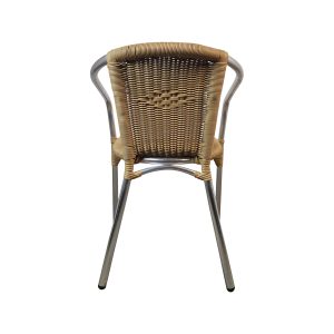 Super-Seat | The Tivoli terrasstoelen stapelbaar | Chroom frame, gebogen metalen armleuning, gevlochten rotan vloerkleed en zitting in lichtbruin. | Horecameubilair