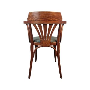 Super-Seat | The Classic Thon vintage armstoelen | Groene stoffen zitting, houten frame en armleuningen, rugleuning in waaiervorm. | Horecameubilair