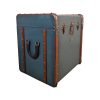 Super-Seat | Vintage blauwe bijzettafel, bruin leer, messing studs, metalen sluiting. | Horecameubilair