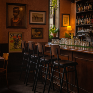 Super-Seat | Een gezellige bar met Jody horeca barkrukken Vier zwarte/bruine stapelbare barkrukken van metaal, houten bar, bruine muren, planten. | Horecameubilair