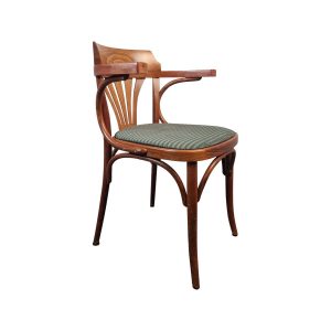 Super-Seat | The Classic Thon vintage armstoelen met groene zitting | Groene stoffen zitting, houten frame en rugleuning met gebogen armleuningen. | Horecameubilair