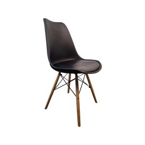 Super-Seat | Zwarte kunststof zitting, houten poten, zwarte metalen kruisverbinding, Eames-stijl. | Horecameubilair