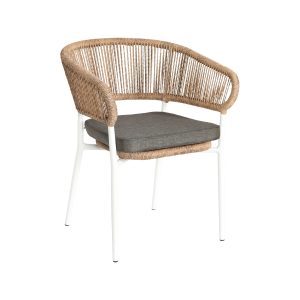 Super-Seat | Witte kunststof stoel, metalen poten, ronde rotanlook rugleuning. | Horecameubilair