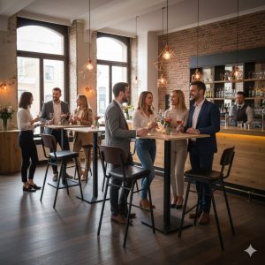 Super-Seat | Zwarte en bruine Jody barkrukken van hout en metaal bij houten bar in moderne lounge. | Horecameubilair