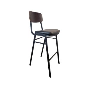 Super-Seat | Zwarte metalen barkruk met vier poten, voetsteun, zwarte zitting en gebogen houten rugleuning. |. | Horecameubilair