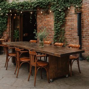 Super-Seat | A Jorg verrijdbare steigerhouten stamtafel 330x90cm Robuuste steigerhouten tafel met metalen onderstel, acht houten stoelen; naturel houtkleur. | Horecameubilair