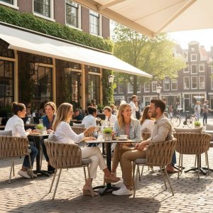 Super-Seat | Taupe Onnoble terras-stapelstoelen en tafels buiten, metalen frames, zonnige straat, fietsen, groen. | Horecameubilair