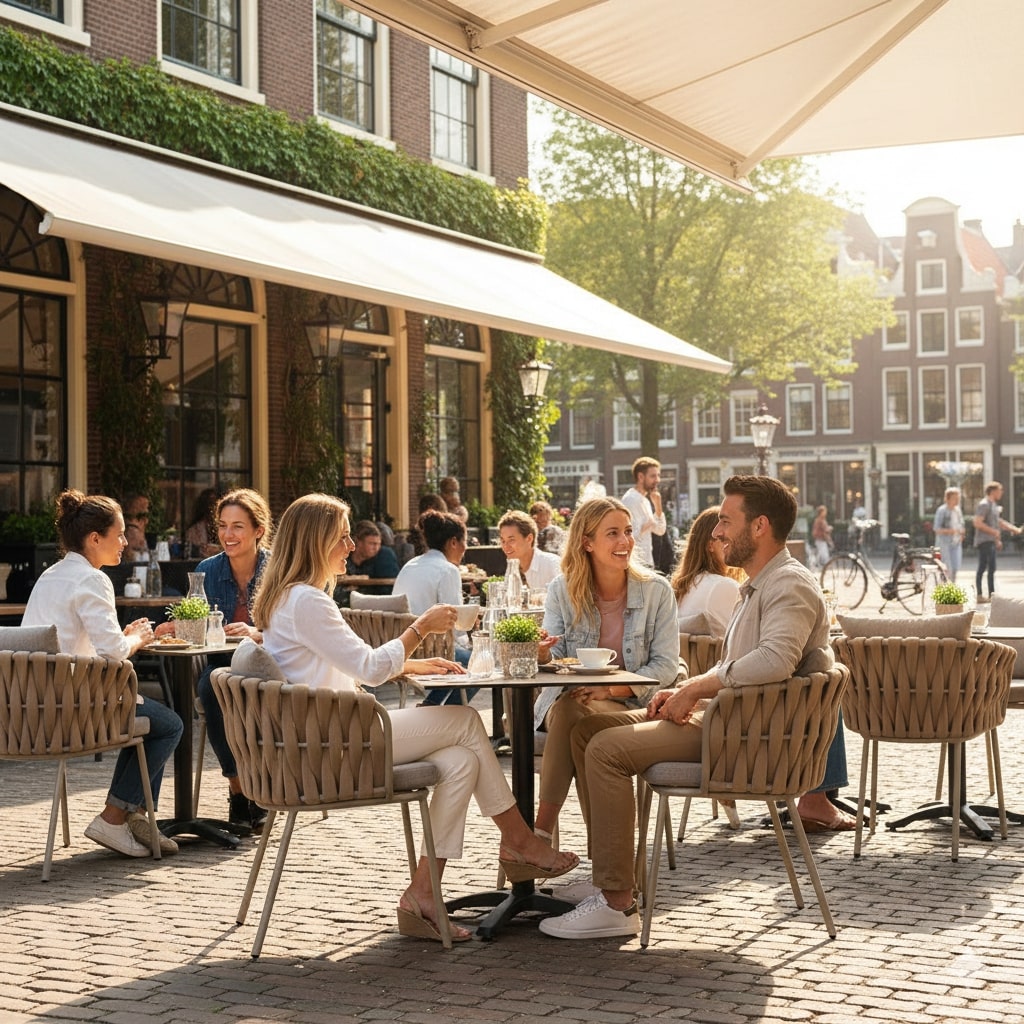 Super-Seat | Taupe Onnoble terras-stapelstoelen en tafels buiten, metalen frames, zonnige straat, fietsen, groen. | Horecameubilair