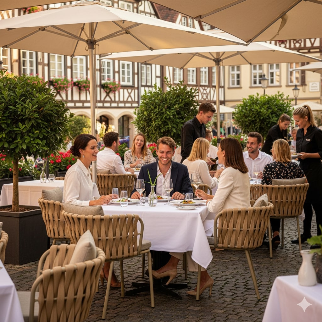 Super-Seat | Onnoble design terras stoelen taupe, witte tafels, parasols op kinderkopjes, houtbouw op achtergrond. | Horecameubilair