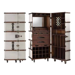 Super-Seat | The Authentic Models 'Pop up' bar in koffer wit | Witte koffervormige bar met bruin leer, metalen accenten, lades en schappen. | Horecameubilair