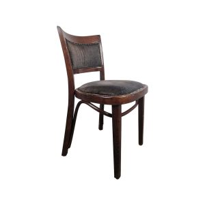 Super-Seat | The Stonemill vintage houten stoelen Hutten stoelen | Donkerhouten stoel met gebogen vloerkleed, zwarte stoffen zitting, metalen noppen. | Horecameubilair