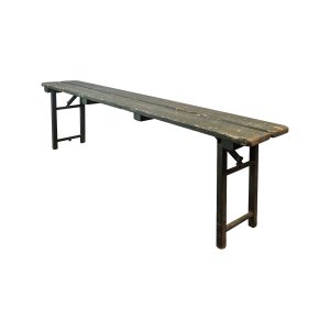 Super-Seat | Houten klapbank, verweerd hout, inklapbare metalen poten, vintage uitstraling. | Horecameubilair