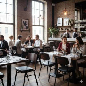 Super-Seat | Jody horeca design stoelen zwart/bruin stapelbaar | Zwarte en bruine stapelbare stoelen, houten tafels, bakstenen muren, grote ramen. | Horecameubilair