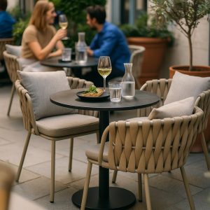 Super-Seat | Taupe Onnoble stapelstoelen, outdoor tafel met metalen frame en kunststof kuip, eigentijdse patio-stijl. | Horecameubilair