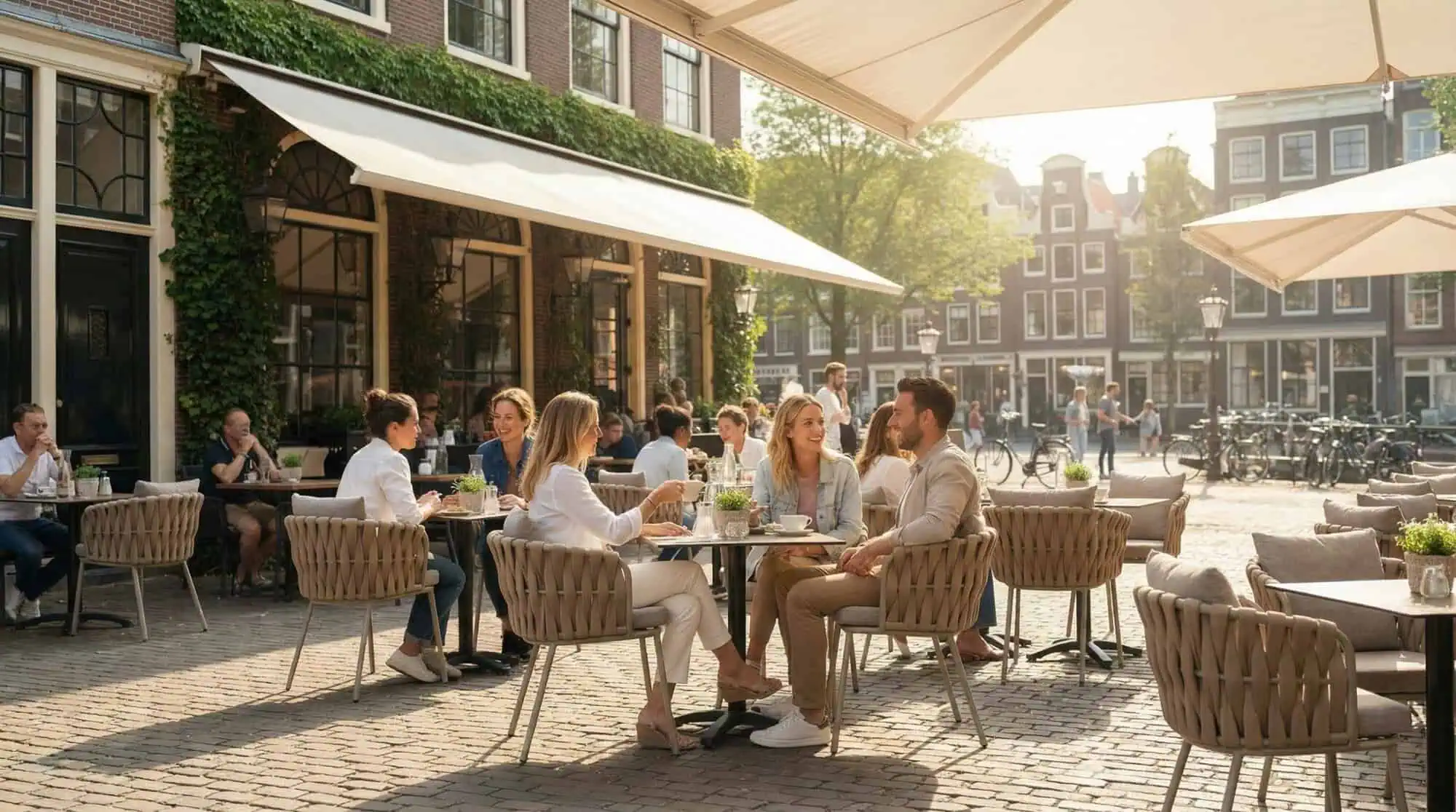 Super-Seat |Taupe kunststof stapelstoelen en metalen tafels op een terras met grote parasols, omringd door fietsen. | Horecameubilair