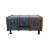 Super-Seat | The Authentic Models koffer tafel, stateroom salontafel blauw | Blauwe panelen, donkerbruin leer, messing details, korte houten poten. | Horecameubilair