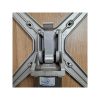 Super-Seat |Bruin metalen scharnier op houten plank, zilveren schroeven; blauwe sticker www.satelift.net. | Horecameubilair