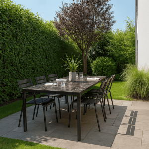 Super-Seat | HPL horeca tafelbladen zwart marmer 220x90cm Zwarte HPL tafel met marmerlook, acht zwarte stoelen op stenen terras, glas en plant. | Horecameubilair