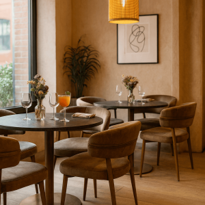 Super-Seat | Mounira design armstoelen mokka fluweel goud | Ronde tafels voor twee, mokka fluwelen stoelen met gouden details, glaswerk en planten. | Horecameubilair