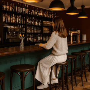 Super-Seat | Thon café barkrukken metaal en hout bruin | Barkruk van hout met metalen frame, bruin van kleur, aan houten bar met glazen en bloemen. | Horecameubilair