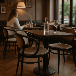 Super-Seat |In een café met houten tafels, mokka fluwelen stapelstoelen en warme lichten, zit een vrouw bij het raam. | Horecameubilair