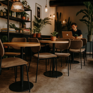 Super-Seat | Moderne Horeca Inrichting Fluweel mokka stapelstoelen, houten tafels, planten en warme verlichting in moderne café setting. | Horecameubilair