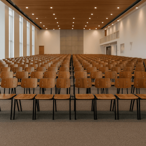 Super-Seat | Bruine houten stoelen met zwart frame in lichte zaal met tapis, houten plafond en hoge ramen. | Horecameubilair