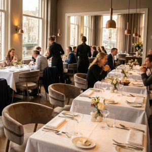 Super-Seat | Mounira Armstoel Mokka Fluweel Goud | Mokka fluwelen armstoelen met gouden accenten, licht interieur, houten tafels, grote ramen. | Horecameubilair