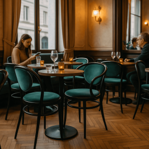 Super-Seat | Groene fluwelen stoelen, houten vloer, tafels en grote ramen in het restaurant. | Horecameubilair