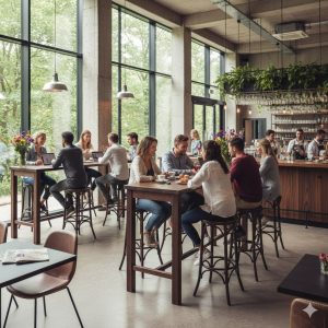 Super-Seat | Wat je gaat tegenkomen | Bruine houten Thon café barkrukken met metalen poten tussen tafels; lichte, moderne ruimte met veel ramen. | Horecameubilair