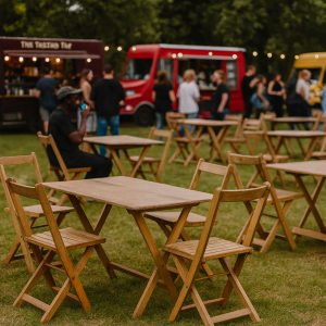 Super-Seat |Retro horeca design stapelstoelen fluweel mokka Fluwelen mokkakleurige stapelstoelen buiten op gras tussen bomen. | Horecameubilair
