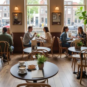 Super-Seat | Café Interieur | Bruin eiken melamine tafels (67cm), houten stoelen, grote ramen; tafels met planten & koffiekopjes. | Horecameubilair