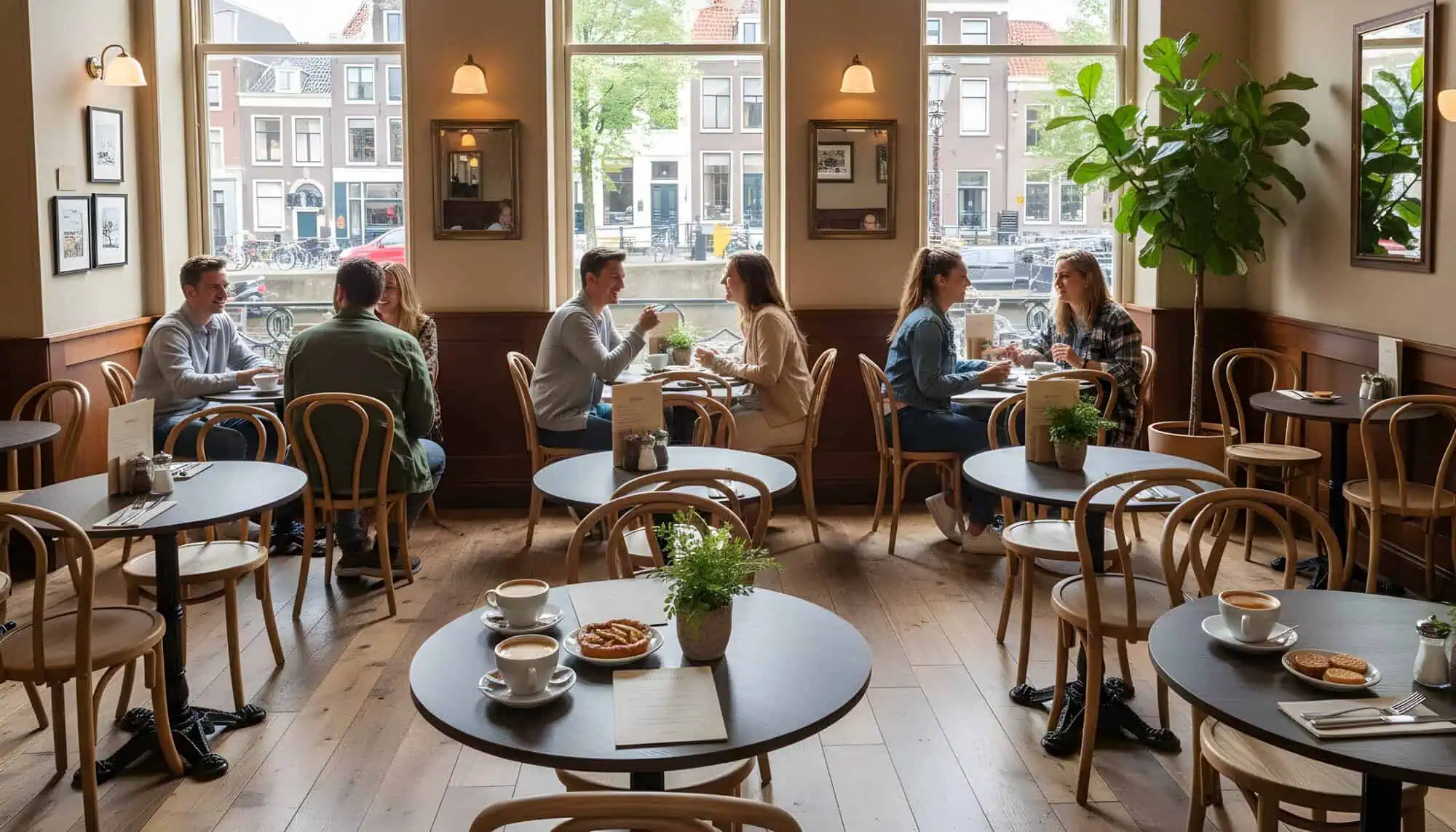 Super-Seat | Café Interieur | Bruin eiken melamine tafels (67cm), houten stoelen, grote ramen; tafels met planten & koffiekopjes. | Horecameubilair