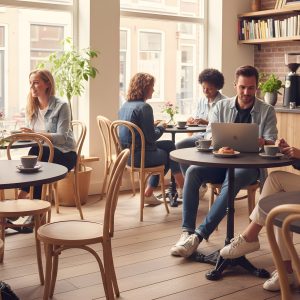 Super-Seat | Bruin eiken melamine tafels 67cm Bruin eiken melamine ronde tafels met stoelen, barkrukken; licht & planten in een modern café. | Horecameubilair