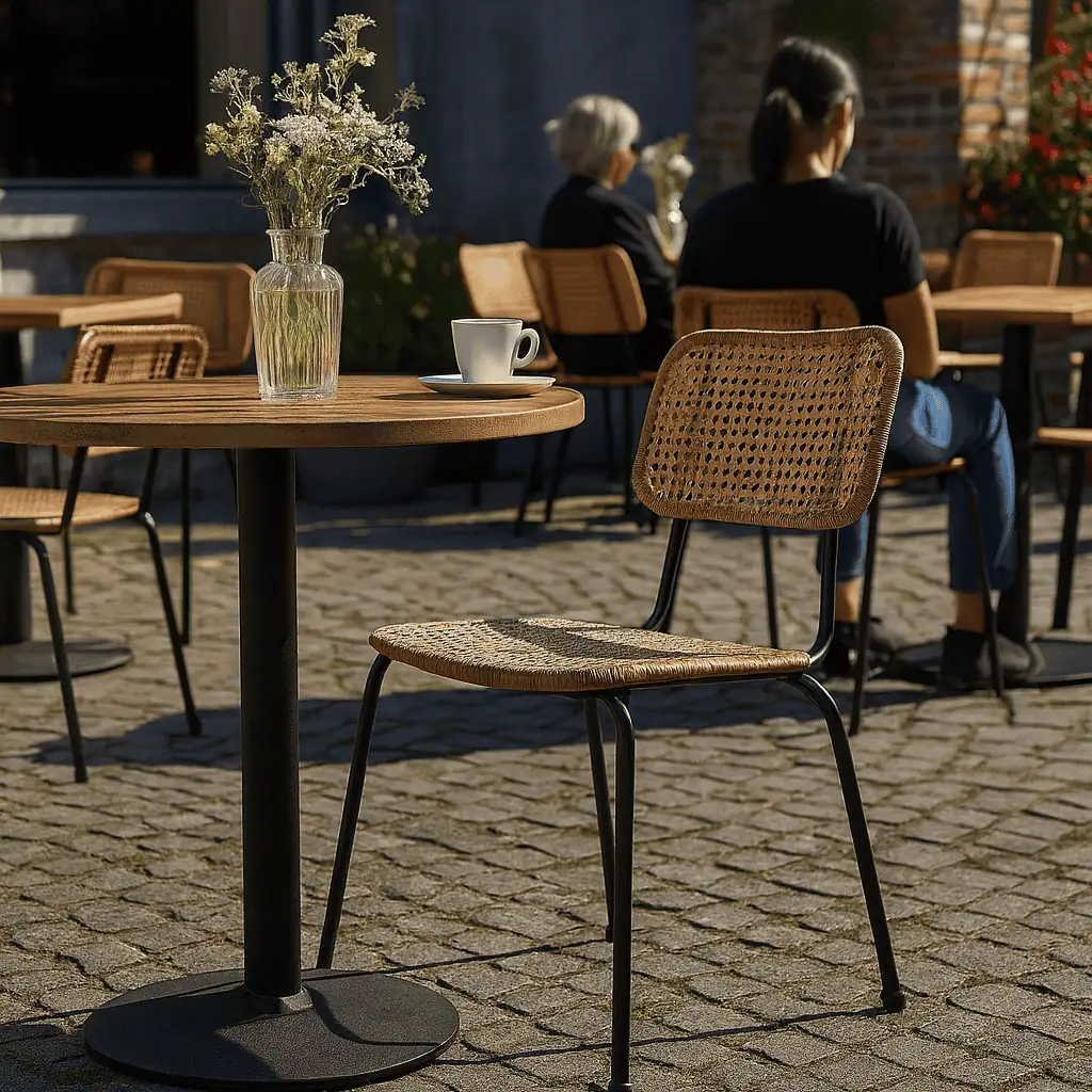 Super-Seat |Fibra Nordic design (terras) stapelstoelen Lichtbruine webbing stoelen, houten ronde tafel met vaas en witte mok op keistenen terras. | Horecameubilair