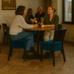 Super-Seat | Lisa houten horeca stoelen | Cognackleurige houten stoelen met leren zitting, ronde tafel, houten vloer en grote ramen. | Horecameubilair