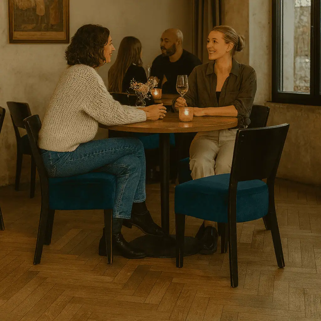 Super-Seat | Lisa houten horeca stoelen | Cognackleurige houten stoelen met leren zitting, ronde tafel, houten vloer en grote ramen. | Horecameubilair