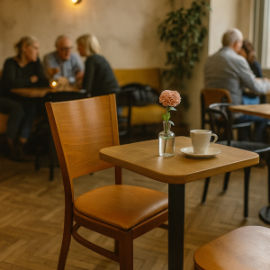 Super-Seat |Houten horeca stoelen met cognac zitting, lichte tafels, wit servies en glas in een sfeervol café. | Horecameubilair