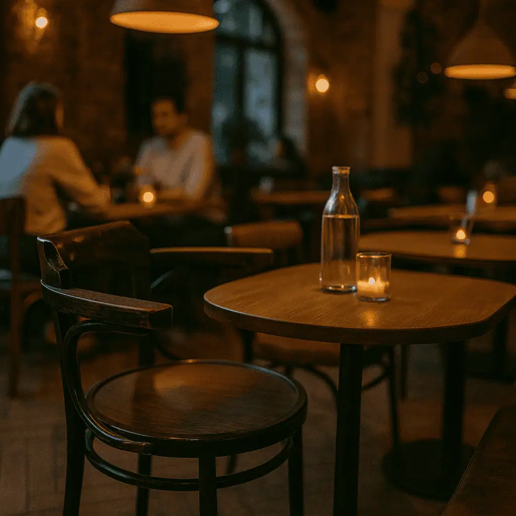 Super-Seat |Donkere houten stoelen, tafels; fles en kaars op tafel, sfeervol café. | Horecameubilair