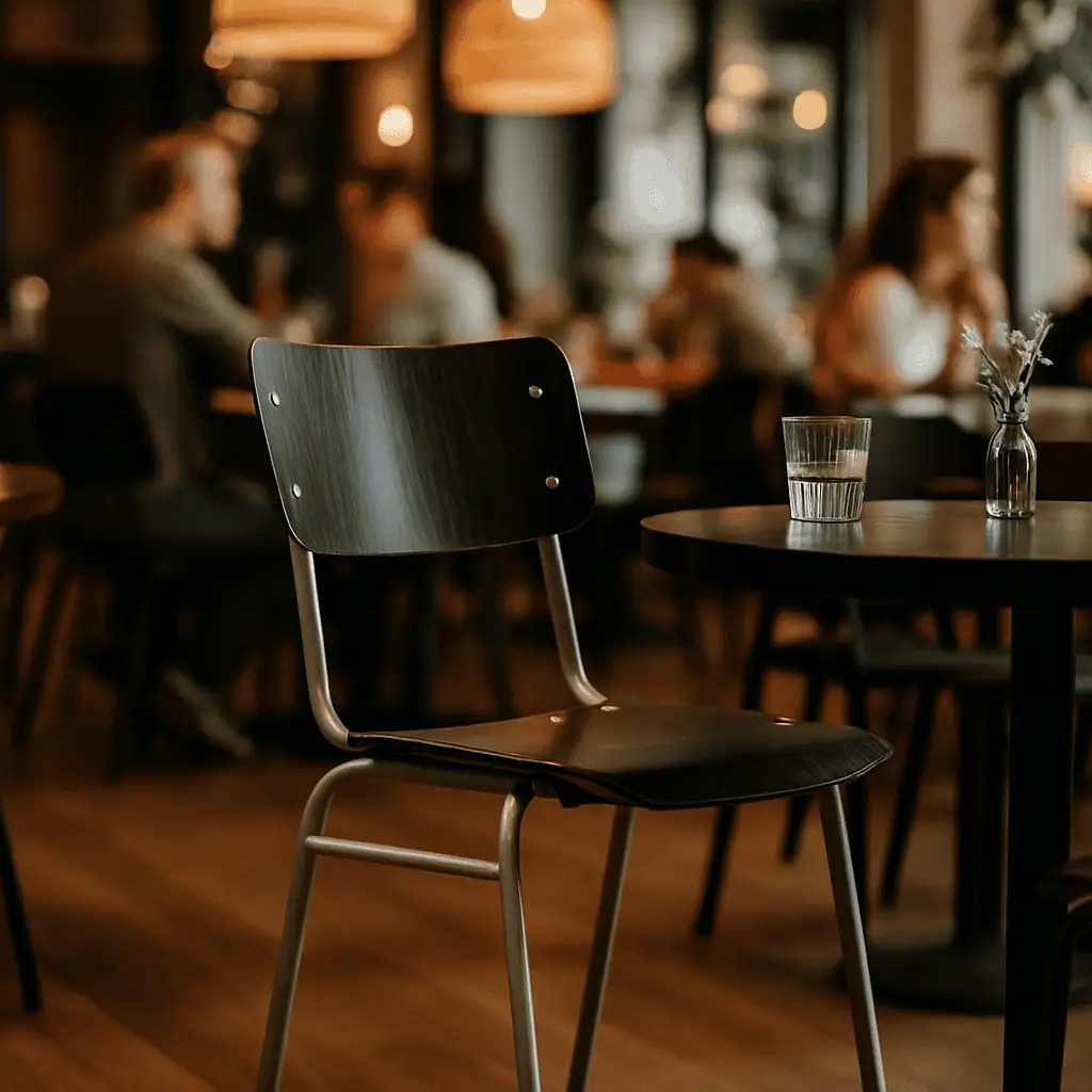 Super-Seat | Zwarte metalen schoolstoel bij ronde tafel met glas water, vaasje in druk café met houten tafels. | Horecameubilair