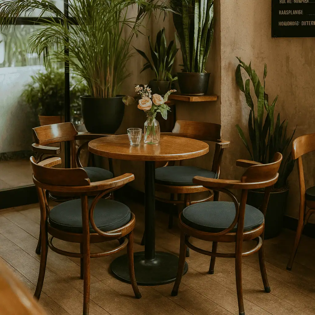 Super-Seat |Ronde houten tafel met 4 zwarte Thonet armstoelen, bloemenvaas, waterglas, hout en planten. | Horecameubilair