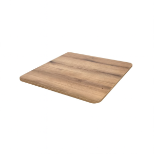 Super-Seat | Vierkante houten tafel met cognackleurig blad en afgeronde hoeken, lichtbruin op witte achtergrond. | Horecameubilair