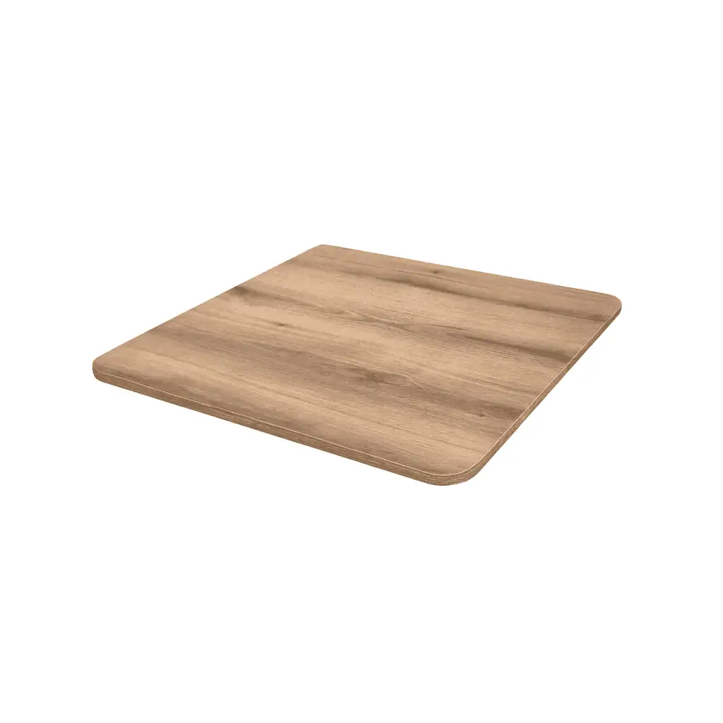 Super-Seat | Vierkante houten tafel met cognackleurig blad en afgeronde hoeken, lichtbruin op witte achtergrond. | Horecameubilair