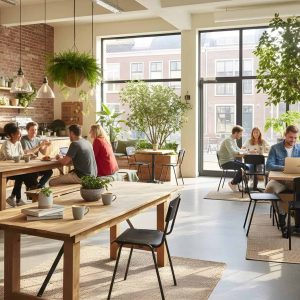 Super-Seat | Moderne Café inrichting Stoelen en tafels van bruin eiken melamine, grote ramen en veel groen, lichte sfeer vol gezelligheid. | Horecameubilair