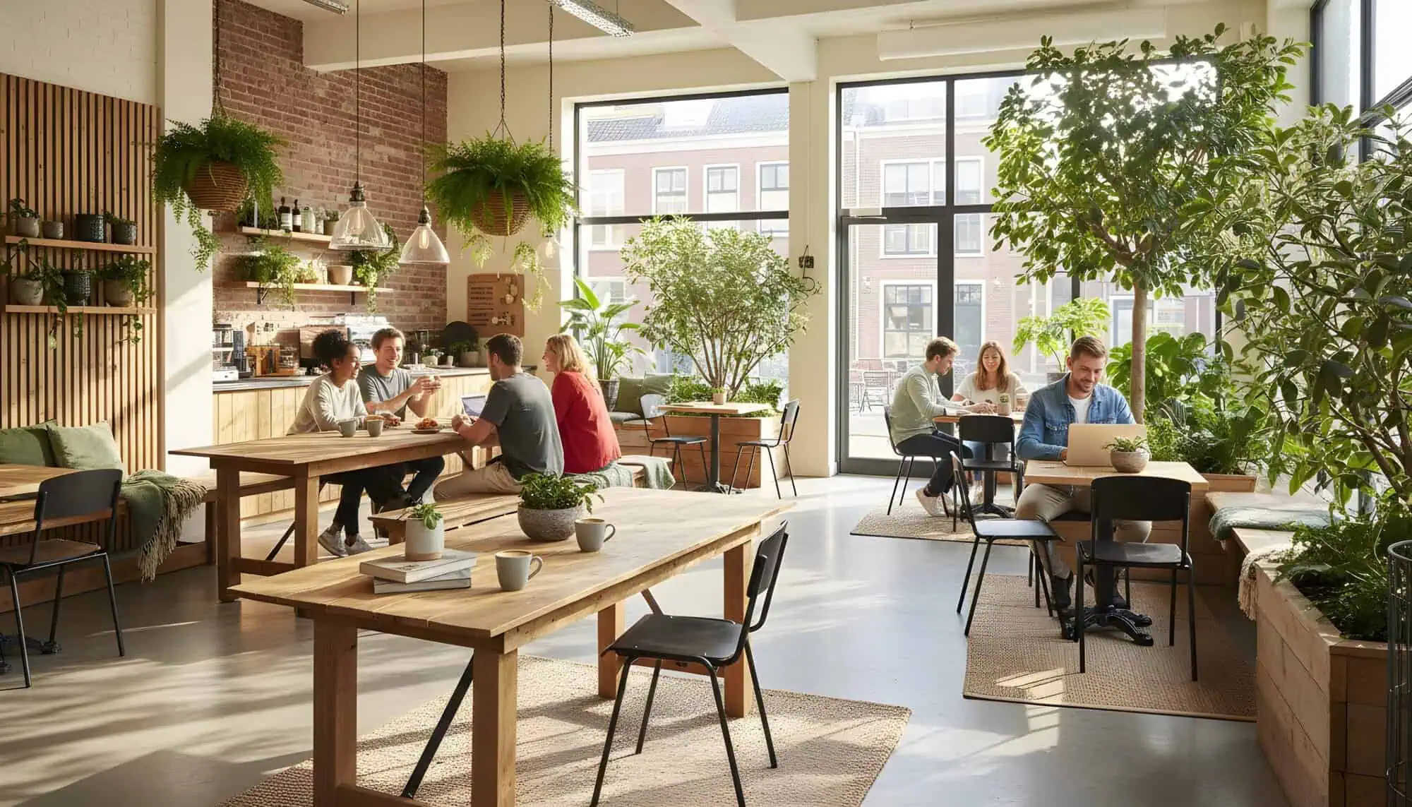 Super-Seat | Moderne Café inrichting Stoelen en tafels van bruin eiken melamine, grote ramen en veel groen, lichte sfeer vol gezelligheid. | Horecameubilair